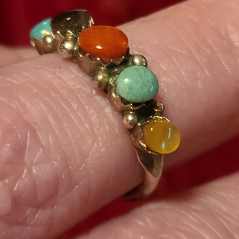 925 Vintage Multi Gemstone Ring 6.5 Band Southwestern Turquoise Sterling Silver - Picture 1 of 12
